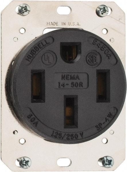 Hubbell Wiring Device-Kellems - 125/250 VAC, 50 Amp, 14-50R NEMA Configuration, Black, Industrial Grade, Self Grounding Single Receptacle - 1 Phase, 3 Poles, 4 Wire, Flush Mount - Americas Tooling