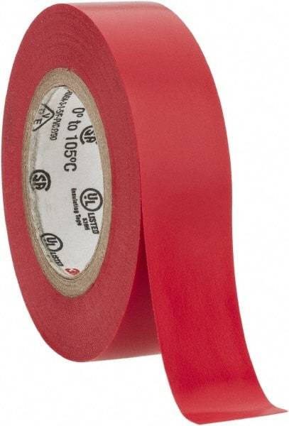 3M - 1/2" x 20', Red Vinyl Electrical Tape - Series 35, 7 mil Thick, 1,250 V/mil Dielectric Strength, 17 Lb./Inch Tensile Strength - Americas Tooling