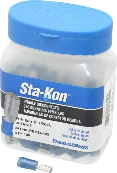 Thomas & Betts - 16 to 14 AWG, Nylon, Fully Insulated, Female Wire Disconnect - 3/16 Inch Wide Tab, Blue, CSA Certified, RoHS Compliant, UL 94 V-2, UL File E66716, UL Listed - Americas Tooling