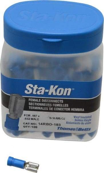 Thomas & Betts - 16 to 14 AWG, Vinyl, Fully Insulated, Female Wire Disconnect - 3/16 Inch Wide Tab, Blue, CSA Certified, RoHS Compliant, UL 94 V-0, UL File E66716, UL Listed - Americas Tooling