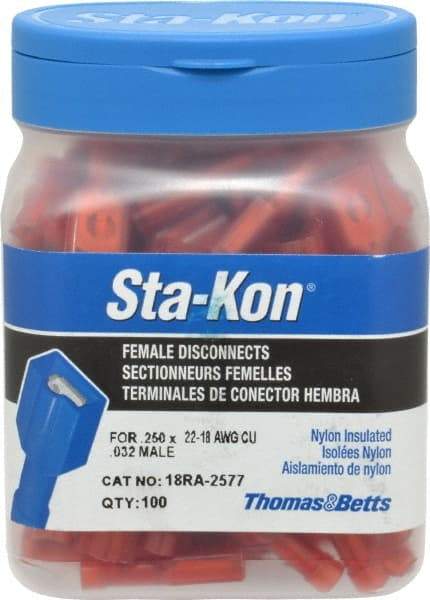 Thomas & Betts - 22 to 18 AWG, Nylon, Fully Insulated, Female Wire Disconnect - 1/4 Inch Wide Tab, Red, CSA Certified, RoHS Compliant, UL 94 V-2, UL File E66716, UL Listed - Americas Tooling