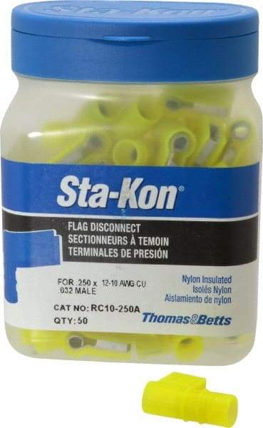 Thomas & Betts - 12 to 10 AWG, Nylon, Fully Insulated, Female Wire Disconnect - 1/4 Inch Wide Tab, Yellow, CSA Certified, RoHS Compliant, UL 94 V-0, UL File E66716, UL Listed - Americas Tooling