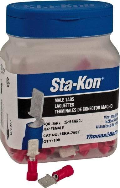 Thomas & Betts - 22 to 18 AWG, Vinyl, Fully Insulated, Male Wire Disconnect - 1/4 Inch Wide Tab, Red, CSA Certified, RoHS Compliant, UL 94 V-0, UL File E66716, UL Listed - Americas Tooling
