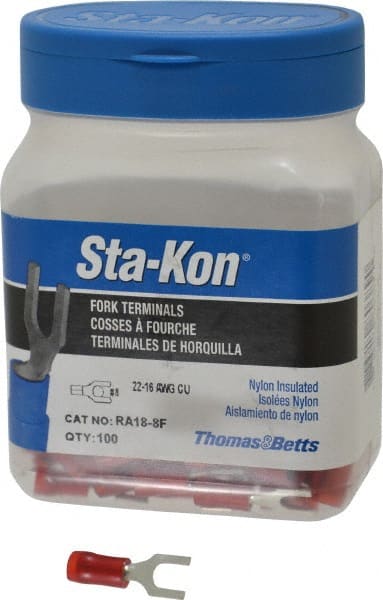 Thomas & Betts - #8 Stud, 22 to 16 AWG Compatible, Partially Insulated, Crimp Connection, Standard Fork Terminal - Americas Tooling