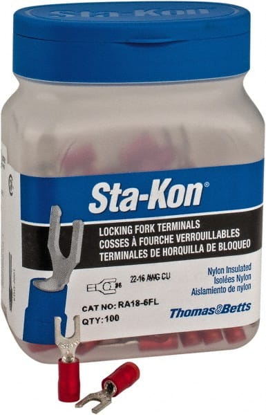 Thomas & Betts - #6 Stud, 22 to 16 AWG Compatible, Partially Insulated, Crimp Connection, Locking Fork Terminal - Americas Tooling