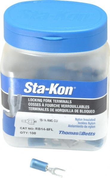 Thomas & Betts - #8 Stud, 18 to 14 AWG Compatible, Partially Insulated, Crimp Connection, Locking Fork Terminal - Americas Tooling