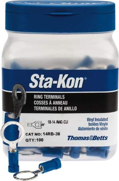 Thomas & Betts - 18-14 AWG Partially Insulated Crimp Connection D Shaped Ring Terminal - 3/8" Stud, 1.16" OAL x 0.54" Wide, Tin Plated Copper Contact - Americas Tooling