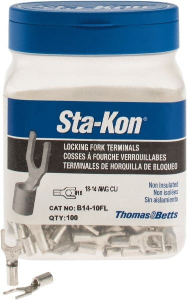 Thomas & Betts - #10 Stud, 18 to 14 AWG Compatible, Noninsulated, Crimp Connection, Locking Fork Terminal - Americas Tooling