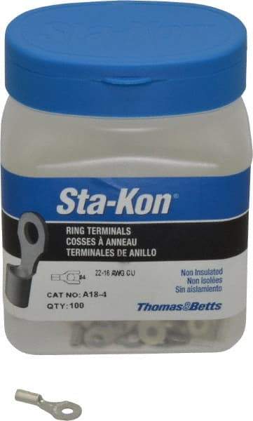 Thomas & Betts - 22-16 AWG Noninsulated Crimp Connection D Shaped Ring Terminal - #4 Stud, 3/4" OAL x 0.31" Wide, Tin Plated Copper Contact - Americas Tooling