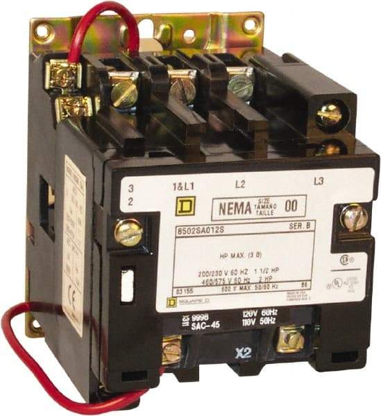 Square D - 2 Pole, 110 Coil VAC at 50 Hz and 120 Coil VAC at 60 Hz, 18 Amp NEMA Contactor - Open Enclosure, 50 Hz at 110 VAC and 60 Hz at 120 VAC - Americas Tooling