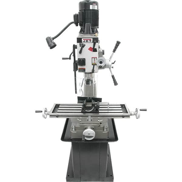 Jet - 1 Phase, 20-1/2" Swing, Geared Head Mill Drill Combination - 32-1/4" Table Length x 9-1/2" Table Width, 20-1/2" Longitudinal Travel, 8-1/4" Cross Travel, 6 Spindle Speeds, 1.5 hp, 115/230 Volts - Americas Tooling