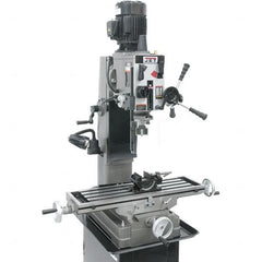 Jet - 1 Phase, 19-11/16" Swing, Geared Head Mill Drill Combination - 32-1/4" Table Length x 9-1/2" Table Width, 20-1/2" Longitudinal Travel, 8-1/4" Cross Travel, 6 Spindle Speeds, 1.5 hp, 115/230 Volts - Americas Tooling