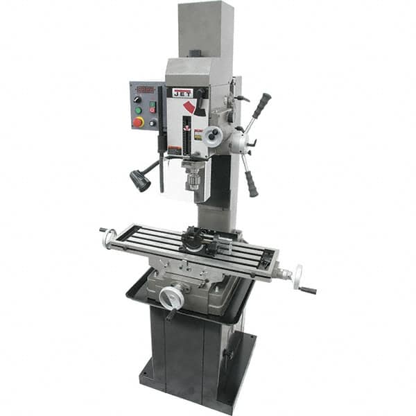 Jet - 3 Phase, 19-11/16" Swing, Geared Head Mill Drill Combination - 32-1/4" Table Length x 9-1/2" Table Width, 20-1/2" Longitudinal Travel, 8-1/4" Cross Travel, Variable Spindle Speeds, 1.5 hp, 230 Volts - Americas Tooling