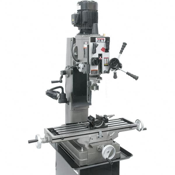 Jet - 3 Phase, 19-11/16" Swing, Geared Head Mill Drill Combination - 32-1/4" Table Length x 9-1/2" Table Width, 20-1/2" Longitudinal Travel, 8-1/4" Cross Travel, Variable Spindle Speeds, 1.5 hp, 230 Volts - Americas Tooling