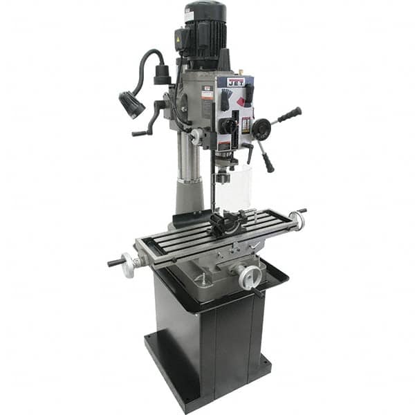 Jet - 1 Phase, 20-1/2" Swing, Geared Head Mill Drill Combination - 32-1/4" Table Length x 9-1/2" Table Width, 20-1/2" Longitudinal Travel, 8-1/4" Cross Travel, 6 Spindle Speeds, 1.5 hp, 115/230 Volts - Americas Tooling