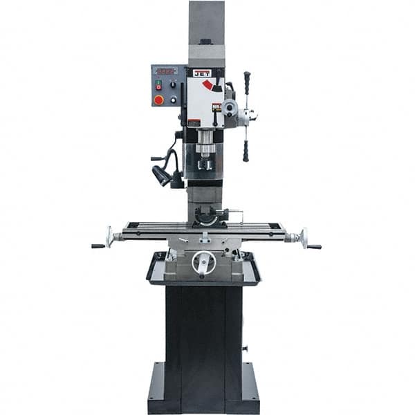 Jet - 1 Phase, 19-11/16" Swing, Geared Head Mill Drill Combination - 32-1/4" Table Length x 9-1/2" Table Width, 20-1/2" Longitudinal Travel, 8-1/4" Cross Travel, Variable Spindle Speeds, 1.5 hp, 115/230 Volts - Americas Tooling