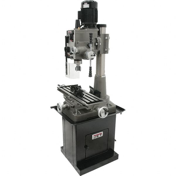 Jet - 1 Phase, 19-11/16" Swing, Geared Head Mill Drill Combination - 32-1/4" Table Length x 9-1/2" Table Width, 20-1/2" Longitudinal Travel, 8-1/4" Cross Travel, 6 Spindle Speeds, 1.5 hp, 115/230 Volts - Americas Tooling