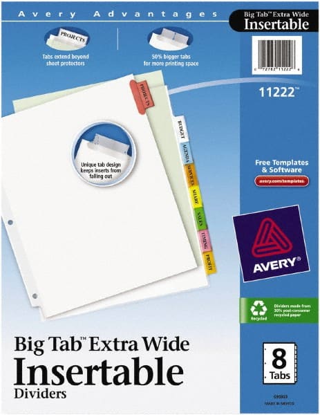 11 1/8 x 9 1/4″ 1 to 8″ Label, 8 Tabs, 3-Hole Punched, Customizable Divider Multicolor Tabs, White Folder