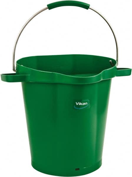 Vikan - 5 Gal, 18" High, Polypropylene Round Green Single Pail with Pour Spout - Handle Included, 15.4mm Top Length x 18.9" Top Width x 18.9" Top Diam - Americas Tooling