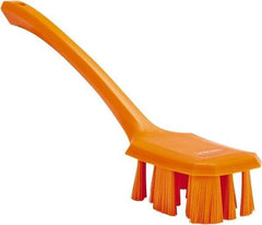 Vikan - 2-3/4" Bristle Length, Polyester Scrub Brush - 12" Long x 2-7/8" Wide Head, 15-1/2" OAL, Long Handle, Orange, Polypropylene Block - Americas Tooling