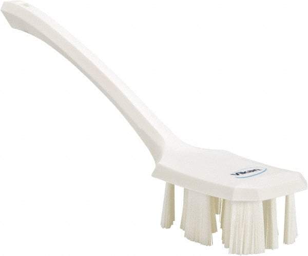 Vikan - 2-3/4" Bristle Length, Polyester Scrub Brush - 12" Long x 2-7/8" Wide Head, 15-1/2" OAL, Long Handle, White, Polypropylene Block - Americas Tooling