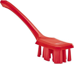 Vikan - 2-3/4" Bristle Length, Polyester Scrub Brush - 12" Long x 2-7/8" Wide Head, 15-1/2" OAL, Long Handle, Red, Polypropylene Block - Americas Tooling