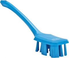 Vikan - 2-3/4" Bristle Length, Polyester Scrub Brush - 12" Long x 2-7/8" Wide Head, 15-1/2" OAL, Long Handle, Blue, Polypropylene Block - Americas Tooling