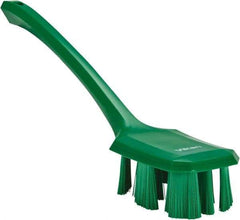 Vikan - 2-3/4" Bristle Length, Polyester Scrub Brush - 12" Long x 2-7/8" Wide Head, 15-1/2" OAL, Long Handle, Green, Polypropylene Block - Americas Tooling