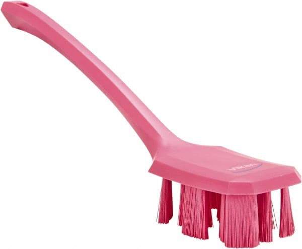 Vikan - 2-3/4" Bristle Length, Polyester Scrub Brush - 12" Long x 2-7/8" Wide Head, 15-1/2" OAL, Long Handle, Pink, Polypropylene Block - Americas Tooling