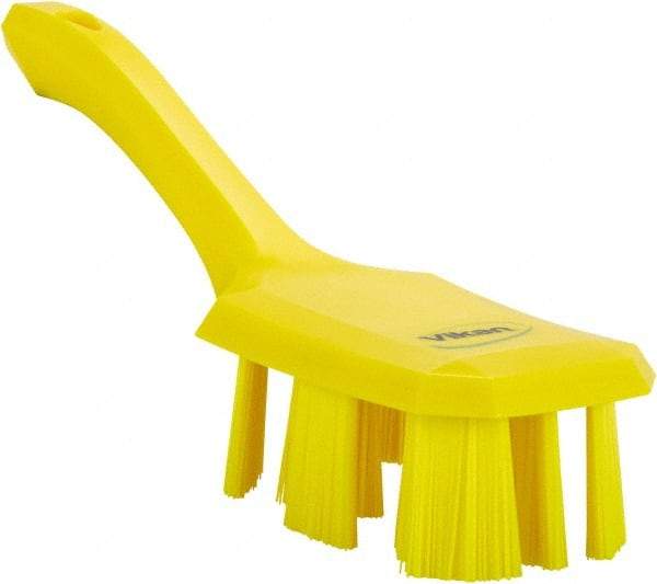 Vikan - 2-3/4" Bristle Length, Polyester Scrub Brush - 8" Long x 2-7/8" Wide Head, 10" OAL, Short Handle, Yellow, Polypropylene Block - Americas Tooling