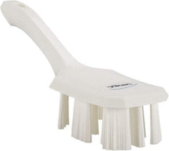 Vikan - 2-3/4" Bristle Length, Polyester Scrub Brush - 8" Long x 2-7/8" Wide Head, 10" OAL, Short Handle, White, Polypropylene Block - Americas Tooling