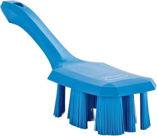 Vikan - 2-3/4" Bristle Length, Polyester Scrub Brush - 8" Long x 2-7/8" Wide Head, 10" OAL, Short Handle, Blue, Polypropylene Block - Americas Tooling