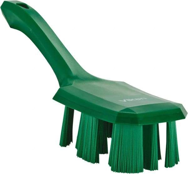 Vikan - 2-3/4" Bristle Length, Polyester Scrub Brush - 8" Long x 2-7/8" Wide Head, 10" OAL, Short Handle, Green, Polypropylene Block - Americas Tooling