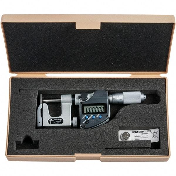 Mitutoyo - 0 to 1" Range, 0.00005" Resolution, Interchangeable Anvil Type Throat IP65 Electronic Outside Micrometer - 0.0002" Accuracy, Friction Thimble, Carbide-Tipped Face, SR44 Battery - Americas Tooling