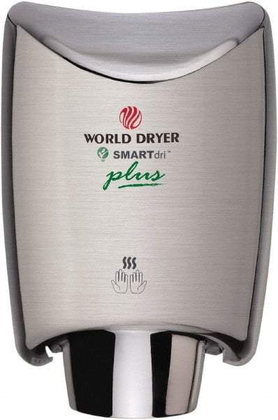 World Dryer - 1200 Watt Silver Finish Electric Hand Dryer - 100/120 Volts, 10 Amps, 9.3" Wide x 12-1/2" High x 7.6" Deep - Americas Tooling