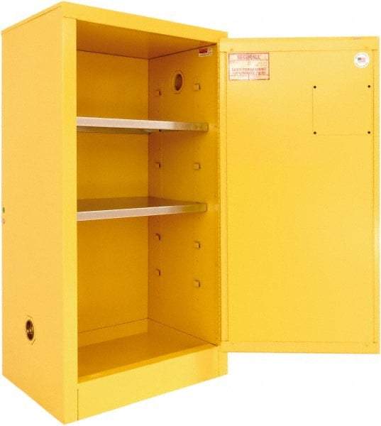 Securall Cabinets - 1 Door, 2 Shelf, Yellow Steel Standard Safety Cabinet for Flammable and Combustible Liquids - 44" High x 24" Wide x 18" Deep, Manual Closing Door, 3 Point Key Lock, 20 Gal Capacity - Americas Tooling