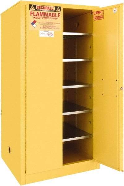 Securall Cabinets - 2 Door, 5 Shelf, Yellow Steel Standard Safety Cabinet for Flammable and Combustible Liquids - 65" High x 31" Wide x 31" Deep, Manual Closing Door, 3 Point Key Lock, 120 Gal Capacity - Americas Tooling