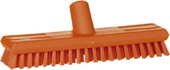 Vikan - 1" Bristle Length, Polyester Scrub Brush - 10-5/8" Long x 2-1/2" Wide Head, 11" OAL, European Threaded Handle, Orange, Polypropylene Block - Americas Tooling