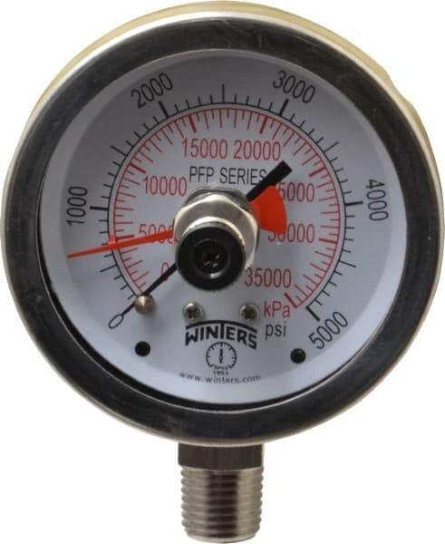 Winters - 2-1/2" Dial, 1/4 Thread, 0-5,000 Scale Range, Pressure Gauge - Lower Connection Mount, Accurate to 1% of Scale - Americas Tooling