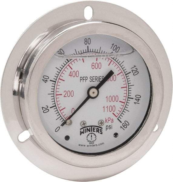 Winters - 2-1/2" Dial, 1/4 Thread, 0-160 Scale Range, Pressure Gauge - Front Flange Panel Mount, Center Back Connection Mount, Accurate to 1.6% of Scale - Americas Tooling