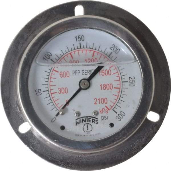 Winters - 2-1/2" Dial, 1/4 Thread, 0-300 Scale Range, Pressure Gauge - Front Flange Panel Mount, Center Back Connection Mount, Accurate to 1.6% of Scale - Americas Tooling