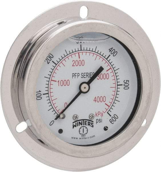 Winters - 2-1/2" Dial, 1/4 Thread, 0-600 Scale Range, Pressure Gauge - Front Flange Panel Mount, Center Back Connection Mount, Accurate to 1.6% of Scale - Americas Tooling