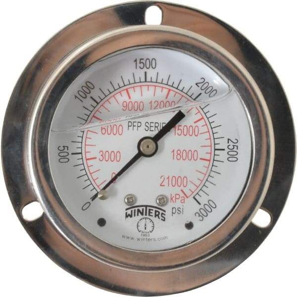 Winters - 2-1/2" Dial, 1/4 Thread, 0-3,000 Scale Range, Pressure Gauge - Front Flange Panel Mount, Center Back Connection Mount, Accurate to 1.6% of Scale - Americas Tooling