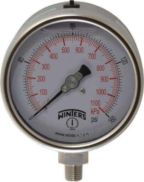 Winters - 4" Dial, 1/4 Thread, 0-160 Scale Range, Pressure Gauge - Lower Connection Mount, Accurate to 1% of Scale - Americas Tooling