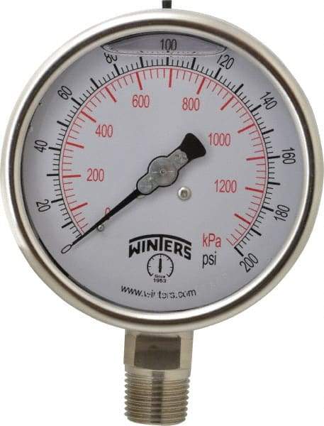 Winters - 4" Dial, 1/2 Thread, 0-200 Scale Range, Pressure Gauge - Lower Connection Mount, Accurate to 1% of Scale - Americas Tooling