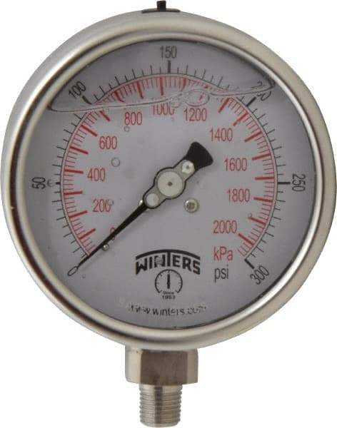 Winters - 4" Dial, 1/4 Thread, 0-300 Scale Range, Pressure Gauge - Lower Connection Mount, Accurate to 1% of Scale - Americas Tooling