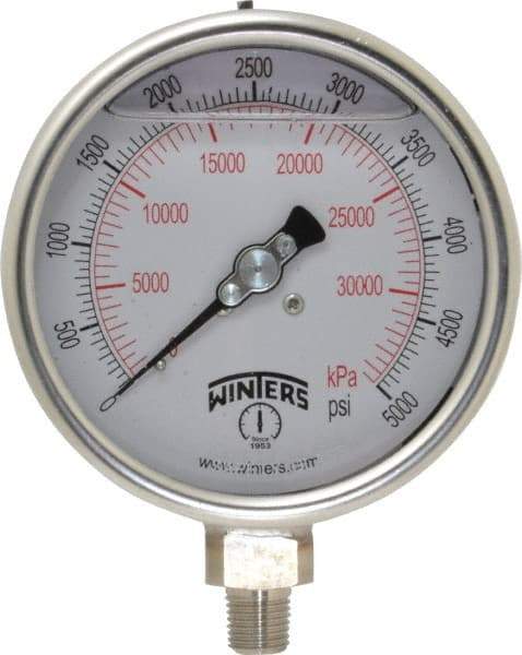 Winters - 4" Dial, 1/4 Thread, 0-5,000 Scale Range, Pressure Gauge - Lower Connection Mount, Accurate to 1% of Scale - Americas Tooling