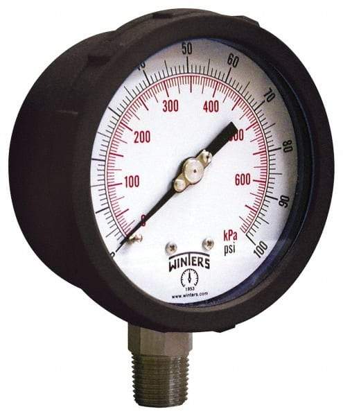 Winters - 4" Dial, 1/4 Thread, 30-0-100 Scale Range, Pressure Gauge - Lower Connection Mount, Accurate to 1% of Scale - Americas Tooling