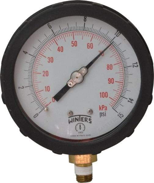 Winters - 4" Dial, 1/4 Thread, 0-15 Scale Range, Pressure Gauge - Lower Connection Mount, Accurate to 1% of Scale - Americas Tooling