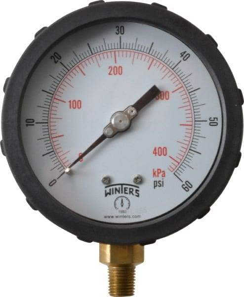 Winters - 4" Dial, 1/4 Thread, 0-60 Scale Range, Pressure Gauge - Lower Connection Mount, Accurate to 1% of Scale - Americas Tooling